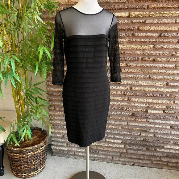 Tadashi Collection Black Illusion Mesh Yoke Pleated Matte Jersey Formal Dress - Picture 8 of 9